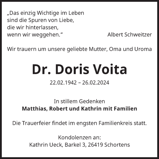 Traueranzeige von Doris Voita von Volksstimme Zerbst