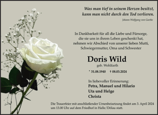 Traueranzeige von Doris Wild von Mitteldeutsche Zeitung Halle/Saalkreis