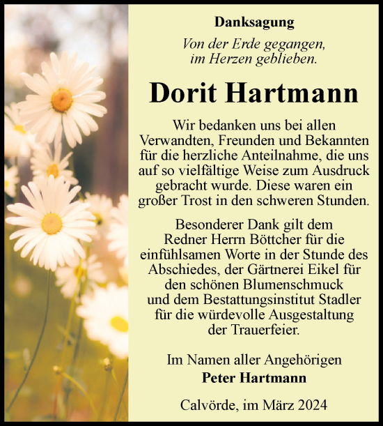 Traueranzeige von Dorit Hartmann von Volksstimme Haldensleben/Wolmirstedt