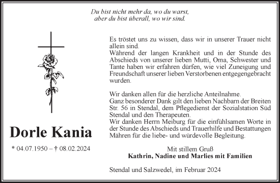 Traueranzeige von Dorle Kania von Volksstimme Altmark Ost