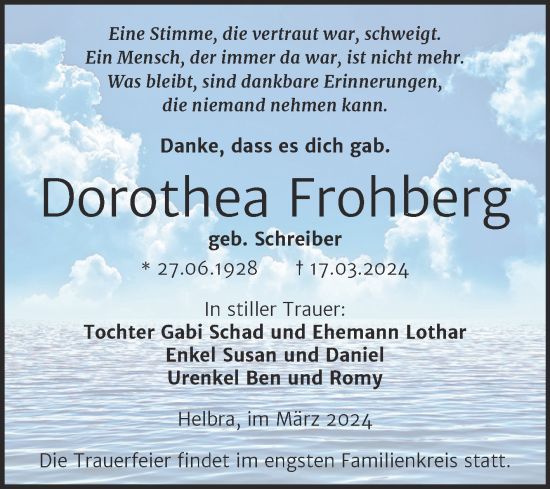 Traueranzeige von Dorothea Frohberg von Trauerkombi Mansfelder Land