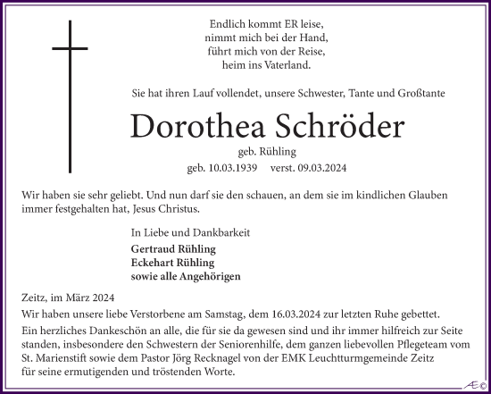 Traueranzeige von Dorothea Schröder von Trauerkombi Zeitz