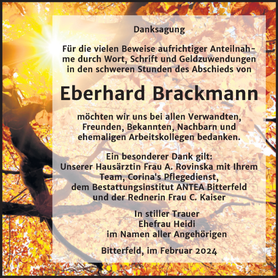 Traueranzeige von Eberhard Brackmann von Trauerkombi Bitterfeld