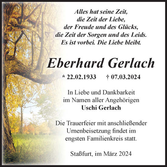 Traueranzeige von Eberhard Gerlach von Volksstimme Staßfurt