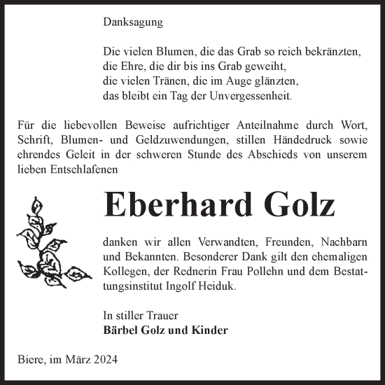 Traueranzeige von Eberhard Golz von Volksstimme Schönebeck
