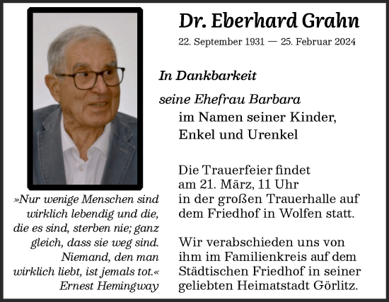 Traueranzeige von Eberhard Grahn von Mitteldeutsche Zeitung Bitterfeld
