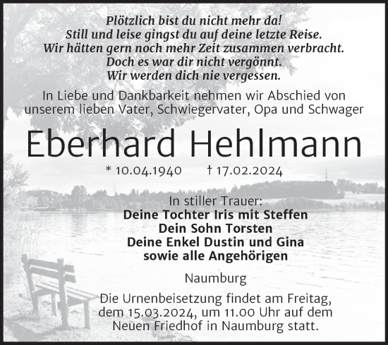 Traueranzeige von Eberhard Hehlmann von Super Sonntag Naumburg/Nebra