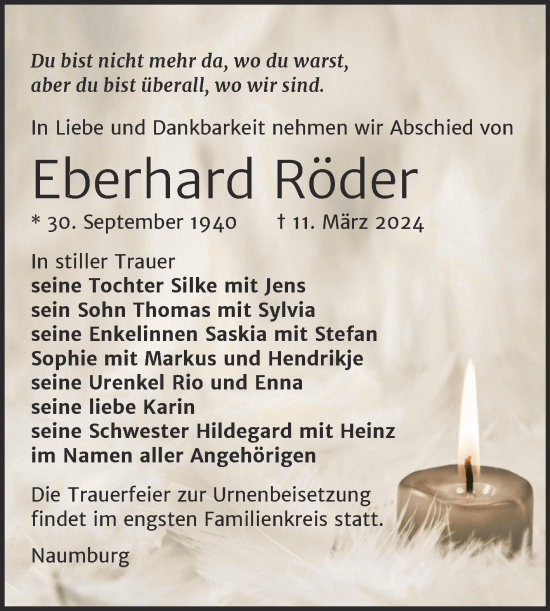 Traueranzeige von Eberhard Röder von Super Sonntag Naumburg/Nebra