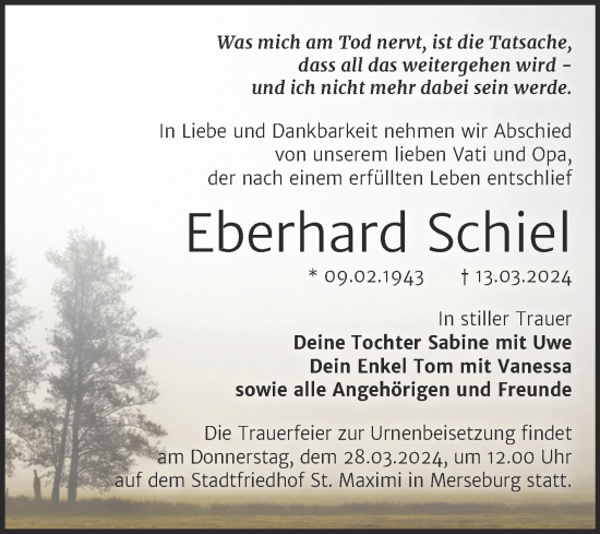 Traueranzeige von Eberhard Schiel von Trauerkombi Merseburg