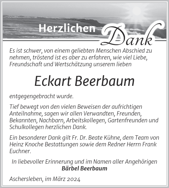 Traueranzeige von Eckart Beerbaum von Trauerkombi Aschersleben