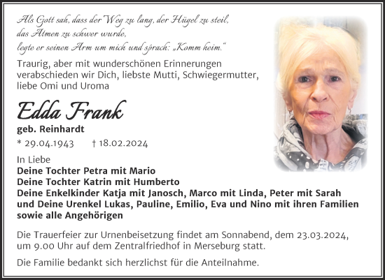 Traueranzeige von Edda Frank von Trauerkombi Merseburg