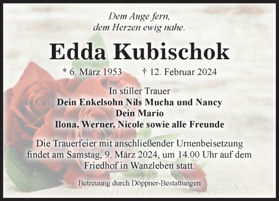 Traueranzeige von Edda Kubischok von Volksstimme Oschersleben/Wanzleben