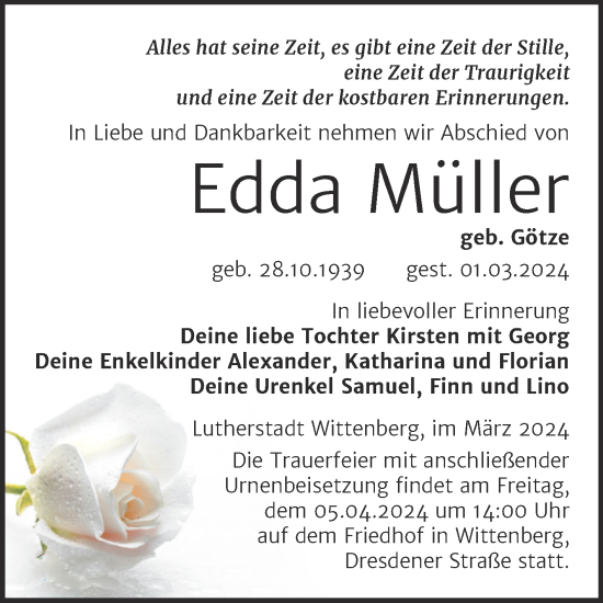 Traueranzeige von Edda Müller von Trauerkombi Wittenberg