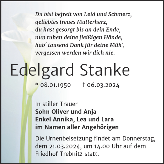 Traueranzeige von Edelgard Stanke von Trauerkombi Bernburg