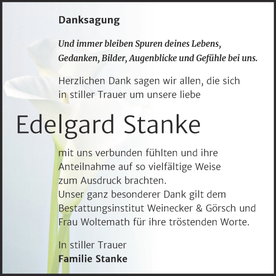 Traueranzeige von Edelgard Stanke von Trauerkombi Bernburg