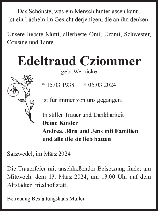 Traueranzeige von Edeltraud Cziommer von Volksstimme Altmark West