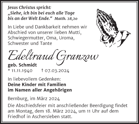Traueranzeige von Edeltraud Granzow von Trauerkombi Bernburg