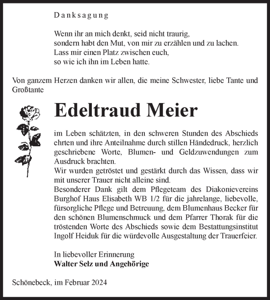 Traueranzeige von Edeltraud Meier von Volksstimme Schönebeck