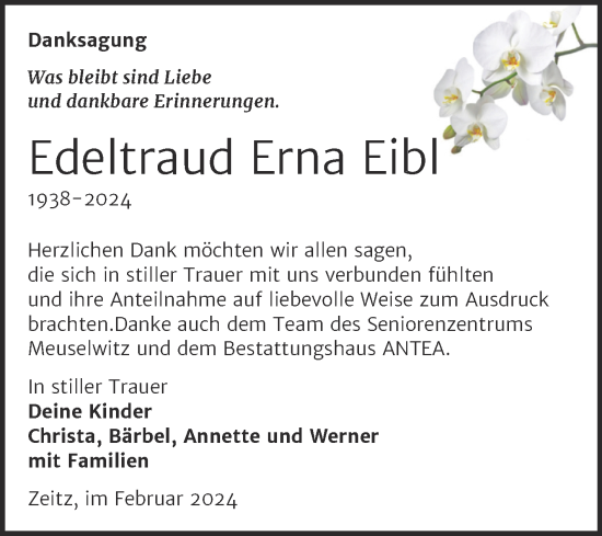 Traueranzeige von Edeltraud Erna Eibl von Trauerkombi Zeitz