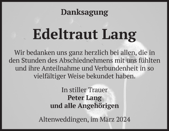 Traueranzeige von Edeltraut Lang von Volksstimme Oschersleben/Wanzleben