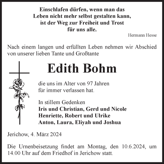 Traueranzeige von Edith Bohm von Volksstimme Burg/Genthin