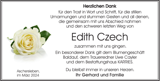 Traueranzeige von Edith Czech von Trauerkombi Aschersleben