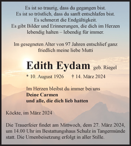 Traueranzeige von Edith Eydam von Volksstimme Altmark Ost
