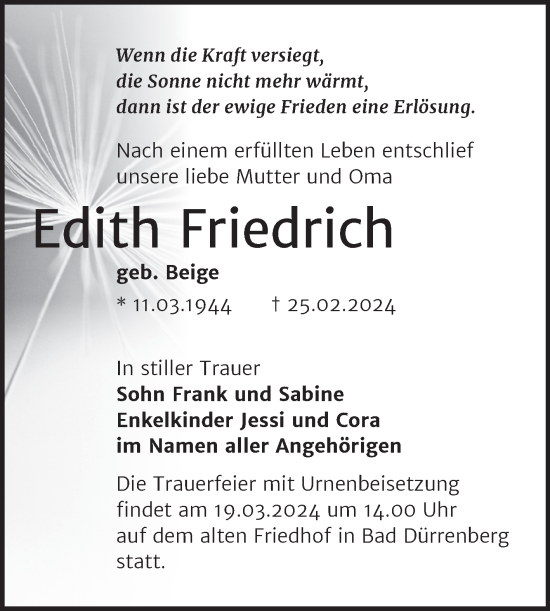 Traueranzeige von Edith Friedrich von Trauerkombi Merseburg