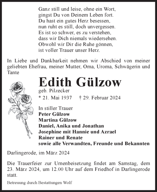 Traueranzeige von Edith Gülzow von Volksstimme Wernigerode