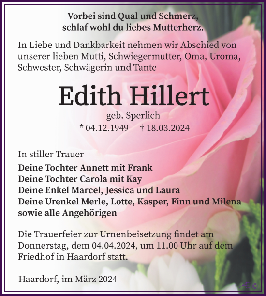 Traueranzeige von Edith Hillert von Trauerkombi Zeitz