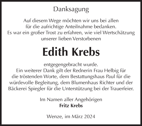 Traueranzeige von Edith Krebs von Volksstimme Altmark West