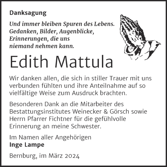 Traueranzeige von Edith Mattula von Trauerkombi Bernburg