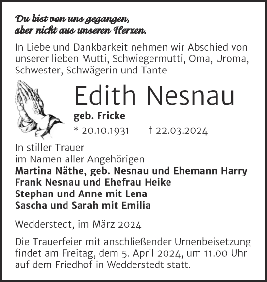 Traueranzeige von Edith Nesnau von Mitteldeutsche Zeitung Quedlingburg