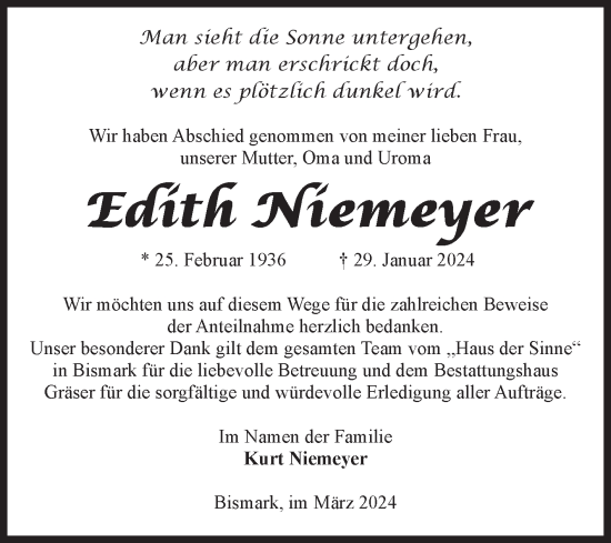 Traueranzeige von Edith Niemeyer von Volksstimme Altmark Ost