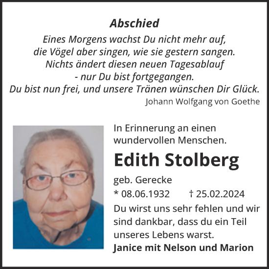 Traueranzeige von Edith Stolberg von Super Sonntag Mansfelder Land