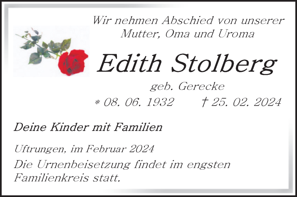  Traueranzeige für Edith Stolberg vom 08.03.2024 aus Trauerkombi Sangerhausen