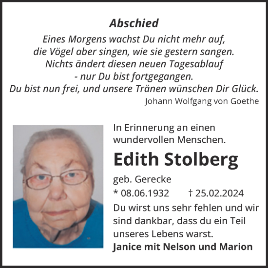 Traueranzeige von Edith Stolberg von Super Sonntag Sangerhausen