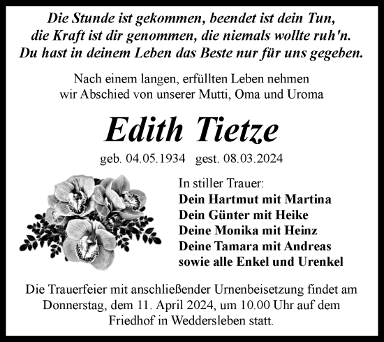 Traueranzeige von Edith Tietze von Trauerkombi Quedlinburg