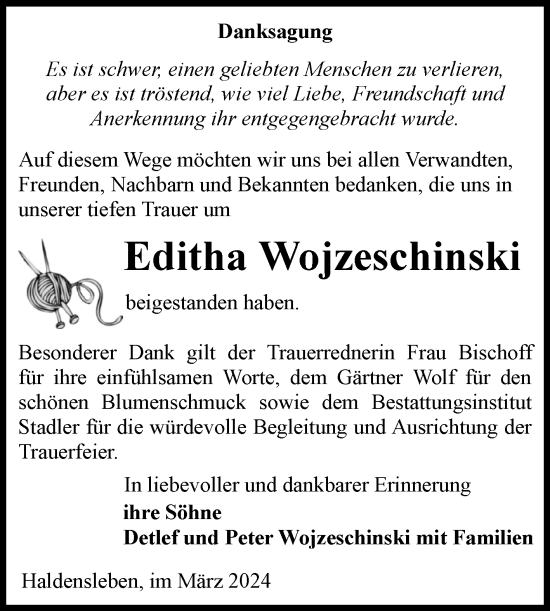 Traueranzeige von Editha Wojzeschinski von Volksstimme Haldensleben/Wolmirstedt