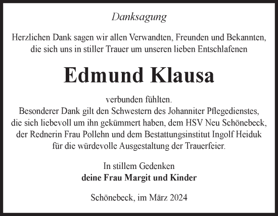Traueranzeige von Edmund Klausa von Volksstimme Schönebeck