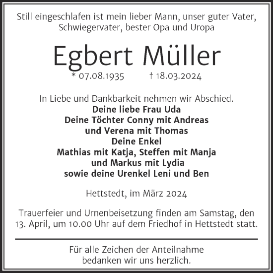 Traueranzeige von Egbert Müller von Trauerkombi Mansfelder Land