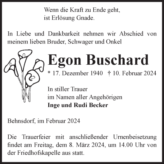 Traueranzeige von Egon Buschard von Volksstimme Altmark West