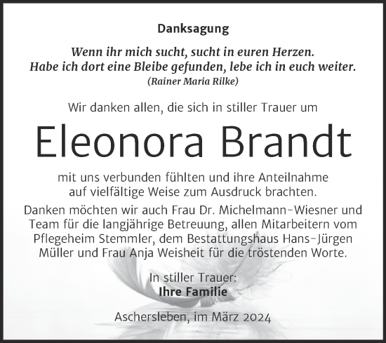 Traueranzeige von Eleonora Brandt von Trauerkombi Aschersleben