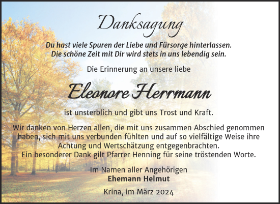 Traueranzeige von Eleonore Herrmann von Trauerkombi Bitterfeld