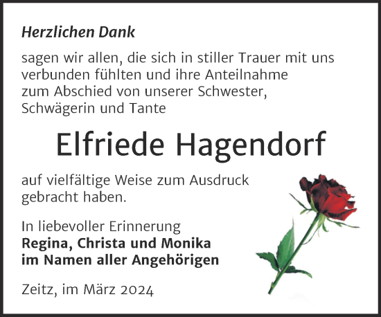 Traueranzeige von Elfriede Hagendorf von Trauerkombi Zeitz