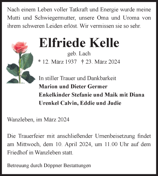 Traueranzeige von Elfriede Kelle von Volksstimme Oschersleben/Wanzleben