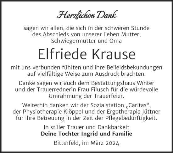 Traueranzeige von Elfriede Krause von Trauerkombi Bitterfeld