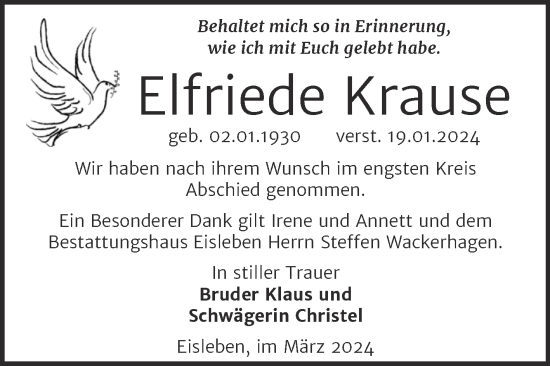 Traueranzeige von Elfriede Krause von Trauerkombi Mansfelder Land