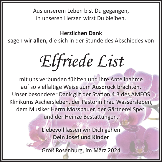 Traueranzeige von Elfriede List von Volksstimme Schönebeck
