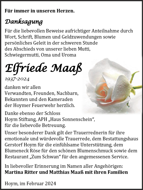 Traueranzeige von Elfriede Maaß von Trauerkombi Aschersleben